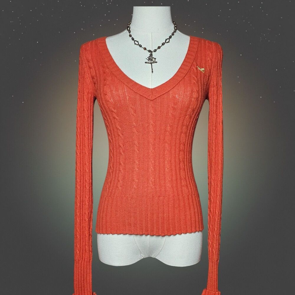 Hollister Y2K Rabbit Hair Cable Knit V-Neck Sweater Women's S Orange Bella Swan